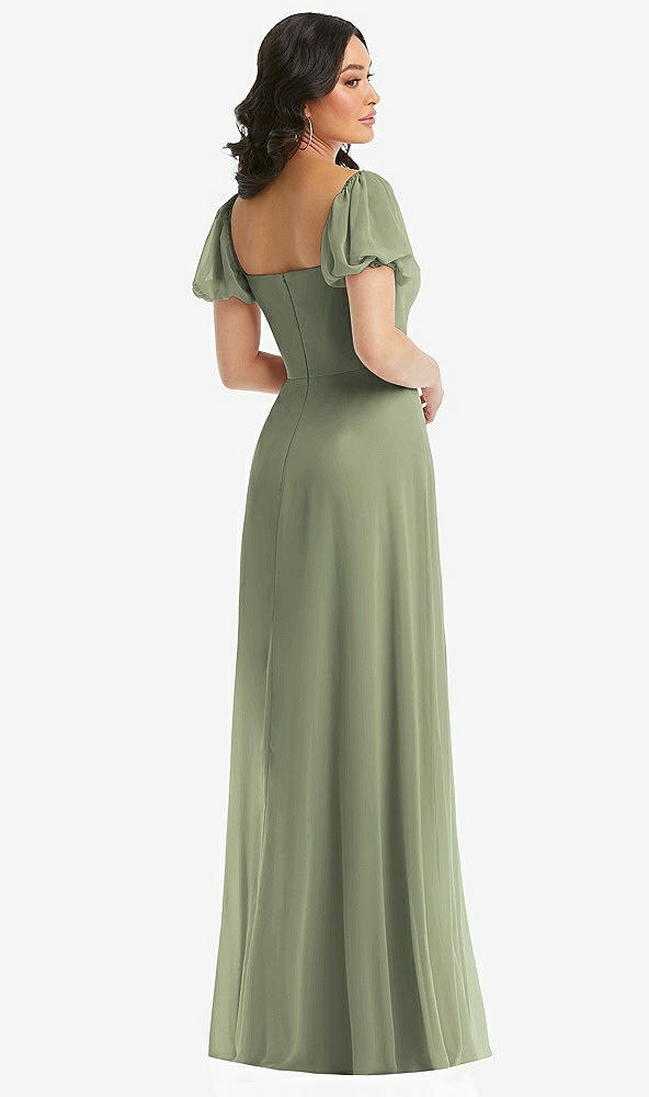 Back View - Sage Puff Sleeve Chiffon Maxi Dress with Front Slit