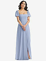 Front View Thumbnail - Sky Blue Puff Sleeve Chiffon Maxi Dress with Front Slit