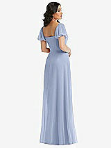 Rear View Thumbnail - Sky Blue Puff Sleeve Chiffon Maxi Dress with Front Slit