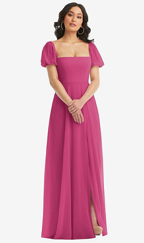 Front View - Tea Rose Puff Sleeve Chiffon Maxi Dress with Front Slit