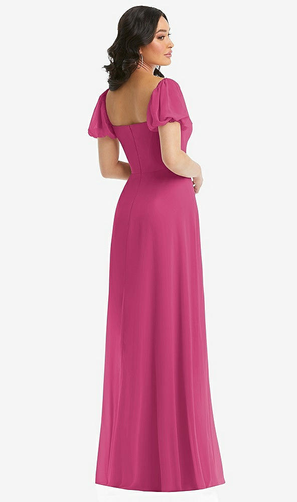 Back View - Tea Rose Puff Sleeve Chiffon Maxi Dress with Front Slit