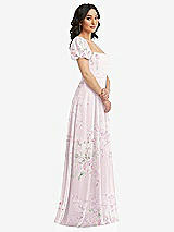 Side View Thumbnail - Watercolor Print Puff Sleeve Chiffon Maxi Dress with Front Slit