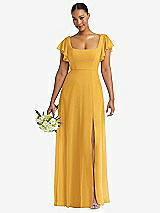 Front View Thumbnail - NYC Yellow Flutter Sleeve Scoop Open-Back Chiffon Maxi Dress