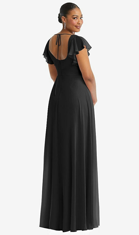 Back View - Black Flutter Sleeve Scoop Open-Back Chiffon Maxi Dress