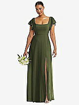 Front View Thumbnail - Olive Green Flutter Sleeve Scoop Open-Back Chiffon Maxi Dress