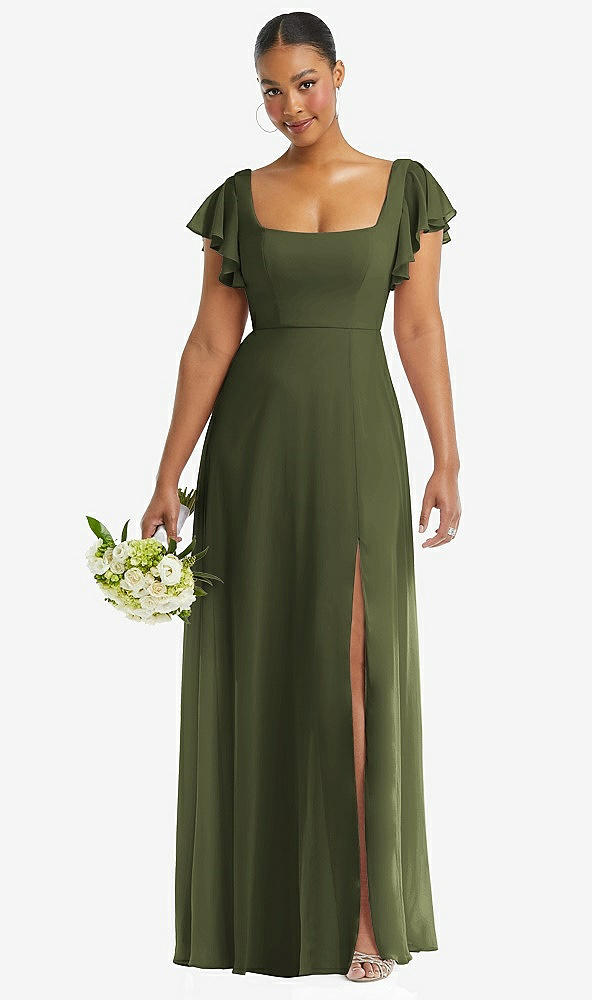 Front View - Olive Green Flutter Sleeve Scoop Open-Back Chiffon Maxi Dress