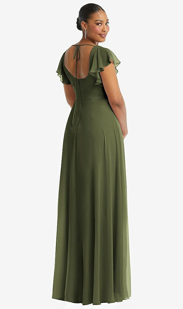 Back View - Olive Green Flutter Sleeve Scoop Open-Back Chiffon Maxi Dress