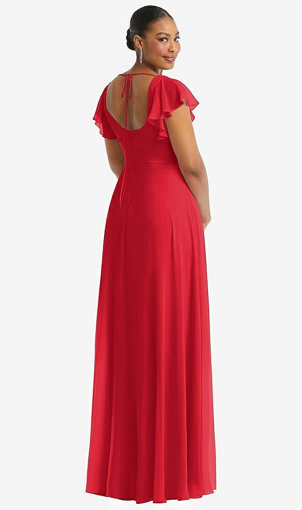 Back View - Parisian Red Flutter Sleeve Scoop Open-Back Chiffon Maxi Dress