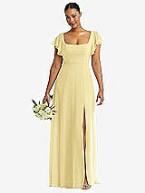 Front View Thumbnail - Pale Yellow Flutter Sleeve Scoop Open-Back Chiffon Maxi Dress