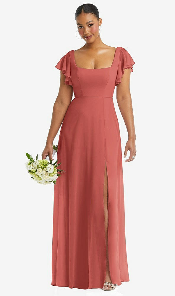 Front View - Coral Pink Flutter Sleeve Scoop Open-Back Chiffon Maxi Dress