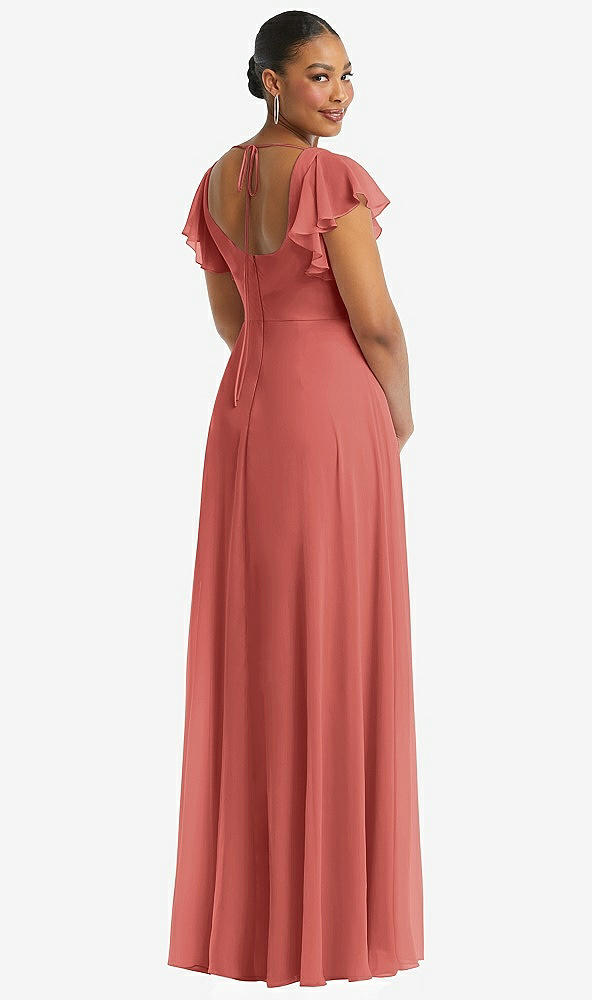 Back View - Coral Pink Flutter Sleeve Scoop Open-Back Chiffon Maxi Dress