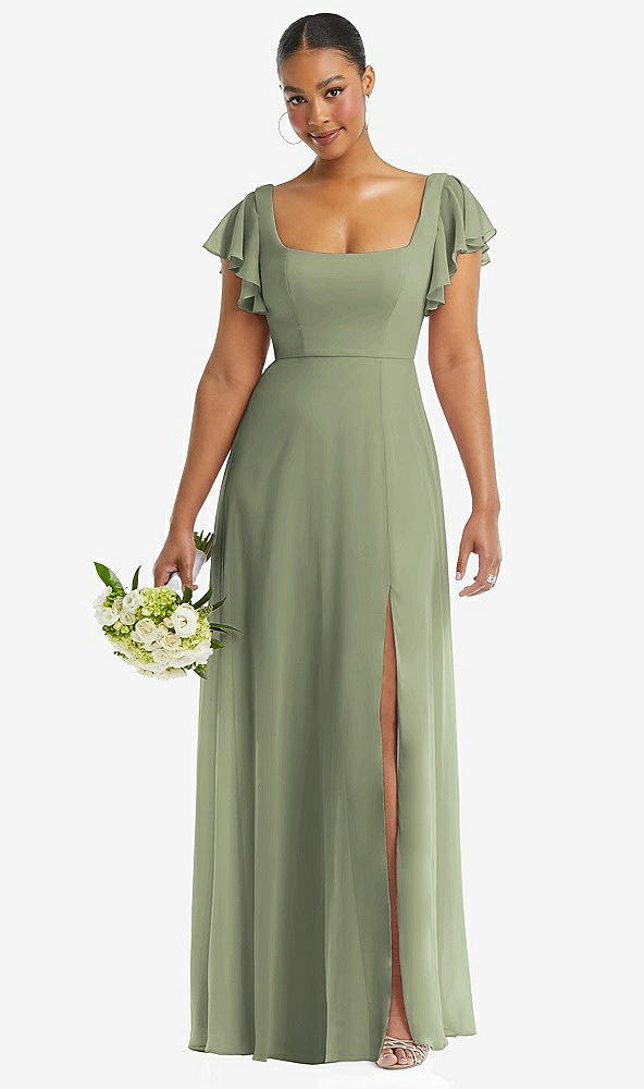 Front View - Sage Flutter Sleeve Scoop Open-Back Chiffon Maxi Dress