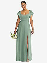 Front View Thumbnail - Seagrass Flutter Sleeve Scoop Open-Back Chiffon Maxi Dress