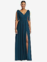 Front View Thumbnail - Atlantic Blue Plunge Neckline Bow Shoulder Empire Waist Chiffon Maxi Dress