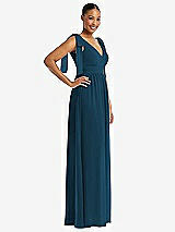 Side View Thumbnail - Atlantic Blue Plunge Neckline Bow Shoulder Empire Waist Chiffon Maxi Dress