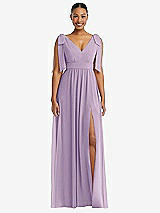 Front View Thumbnail - Pale Purple Plunge Neckline Bow Shoulder Empire Waist Chiffon Maxi Dress