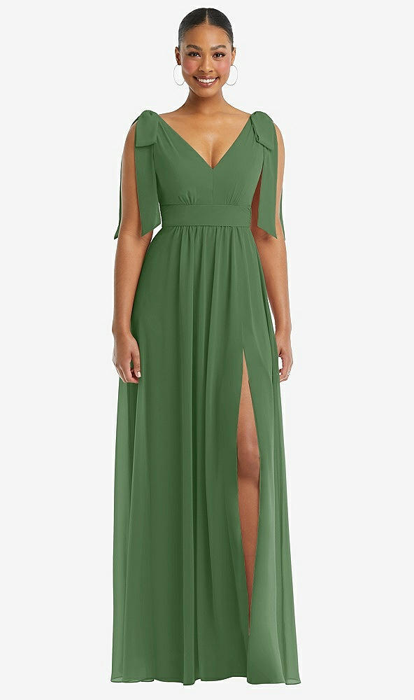 Front View - Vineyard Green Plunge Neckline Bow Shoulder Empire Waist Chiffon Maxi Dress