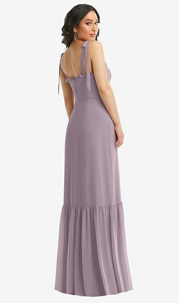 Back View - Lilac Dusk Tie-Shoulder Bustier Bodice Ruffle-Hem Maxi Dress
