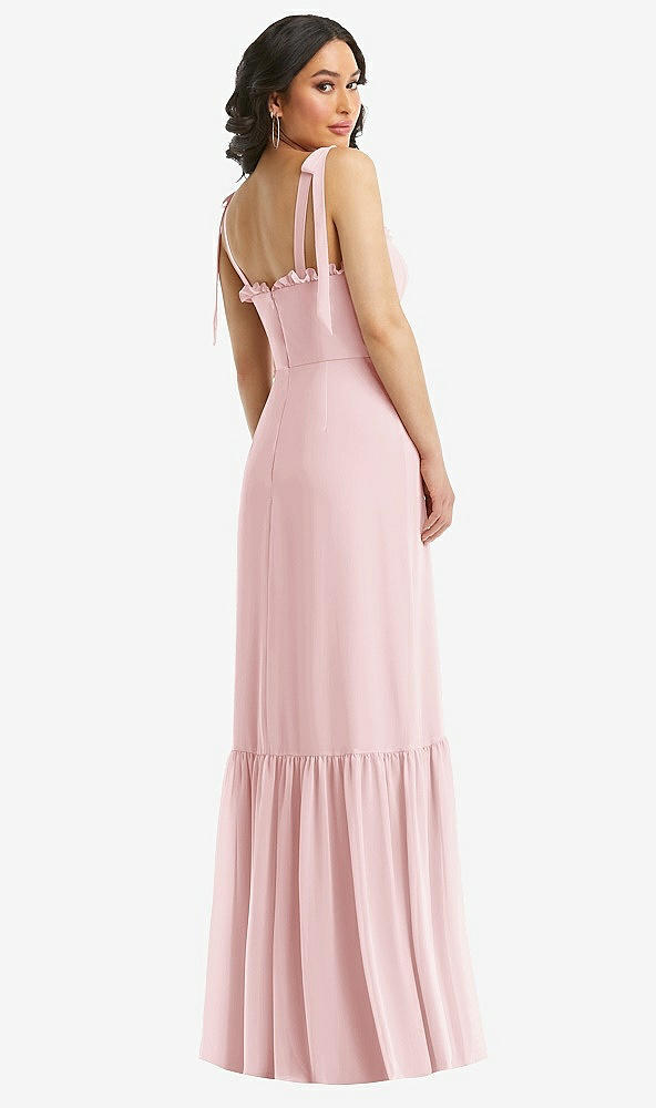 Back View - Ballet Pink Tie-Shoulder Bustier Bodice Ruffle-Hem Maxi Dress