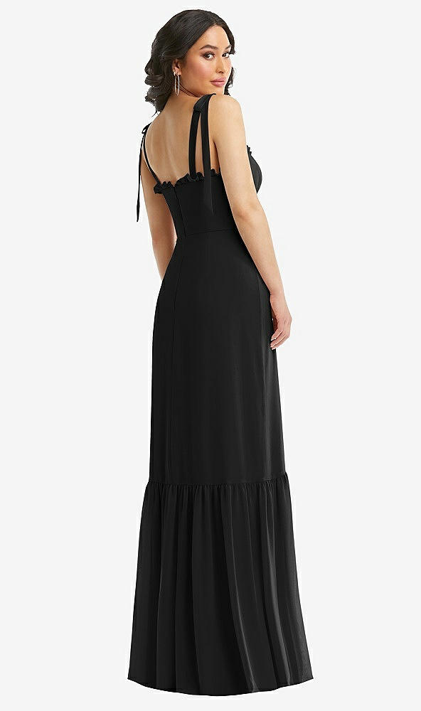 Back View - Black Tie-Shoulder Bustier Bodice Ruffle-Hem Maxi Dress