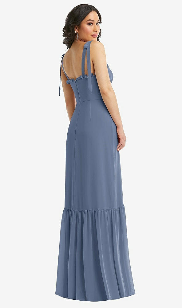 Back View - Larkspur Blue Tie-Shoulder Bustier Bodice Ruffle-Hem Maxi Dress