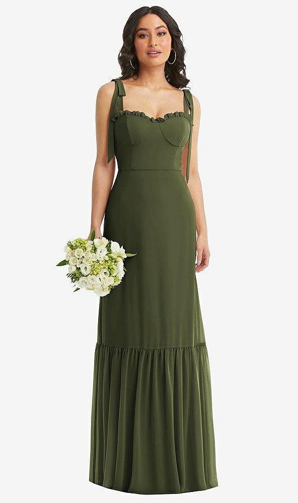 Front View - Olive Green Tie-Shoulder Bustier Bodice Ruffle-Hem Maxi Dress