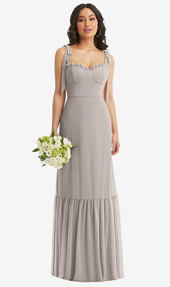 Front View - Taupe Tie-Shoulder Bustier Bodice Ruffle-Hem Maxi Dress