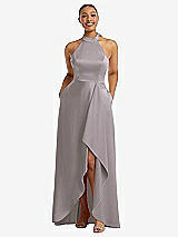 Front View Thumbnail - Cashmere Gray High-Neck Tie-Back Halter Cascading High Low Maxi Dress
