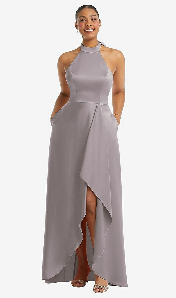 Front View - Cashmere Gray High-Neck Tie-Back Halter Cascading High Low Maxi Dress