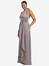 Side View Thumbnail - Cashmere Gray High-Neck Tie-Back Halter Cascading High Low Maxi Dress