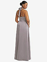 Rear View Thumbnail - Cashmere Gray High-Neck Tie-Back Halter Cascading High Low Maxi Dress