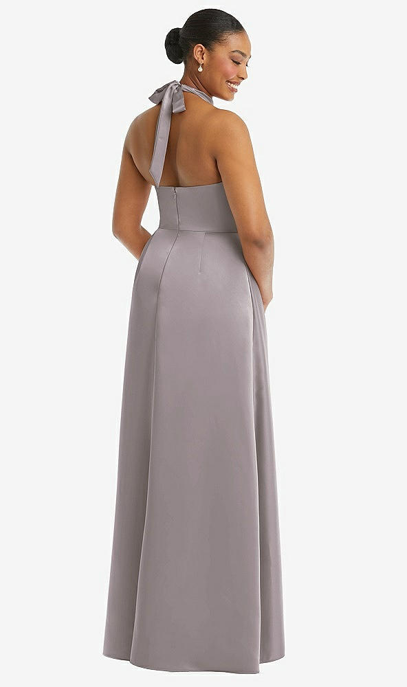 Back View - Cashmere Gray High-Neck Tie-Back Halter Cascading High Low Maxi Dress