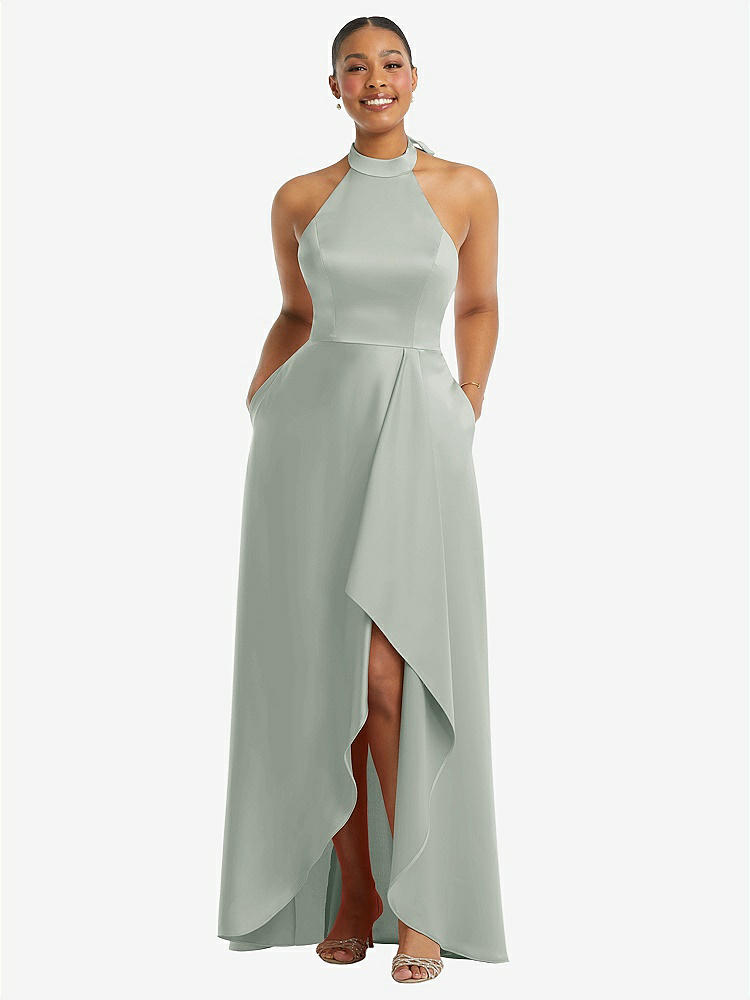 High-Neck Tie-Back Halter Cascading High Low Maxi Dress