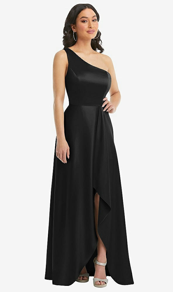 Front View - Black One-Shoulder High Low Maxi Dress with Pockets