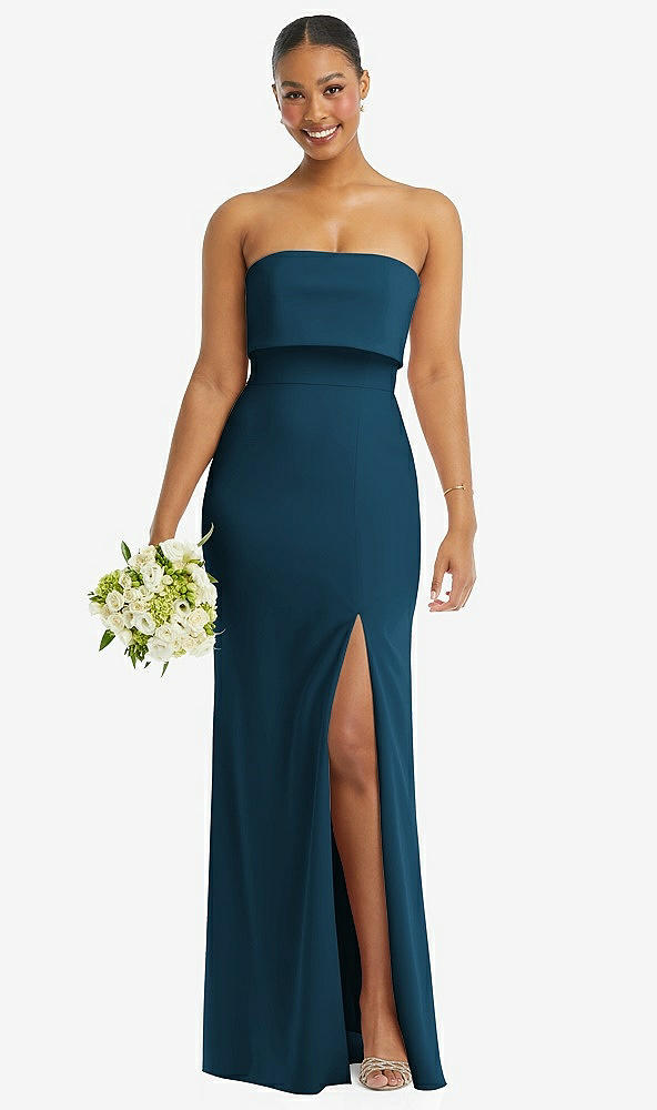 Front View - Atlantic Blue Strapless Overlay Bodice Crepe Maxi Dress with Front Slit