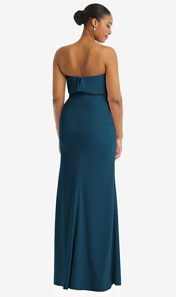 Back View - Atlantic Blue Strapless Overlay Bodice Crepe Maxi Dress with Front Slit