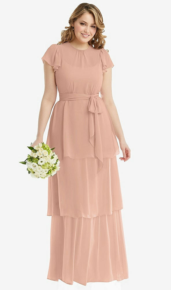Front View - Pale Peach Flutter Sleeve Jewel Neck Chiffon Maxi Dress with Tiered Ruffle Skirt