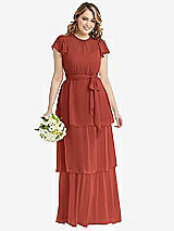 Front View Thumbnail - Amber Sunset Flutter Sleeve Jewel Neck Chiffon Maxi Dress with Tiered Ruffle Skirt