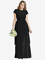 Front View Thumbnail - Black Flutter Sleeve Jewel Neck Chiffon Maxi Dress with Tiered Ruffle Skirt