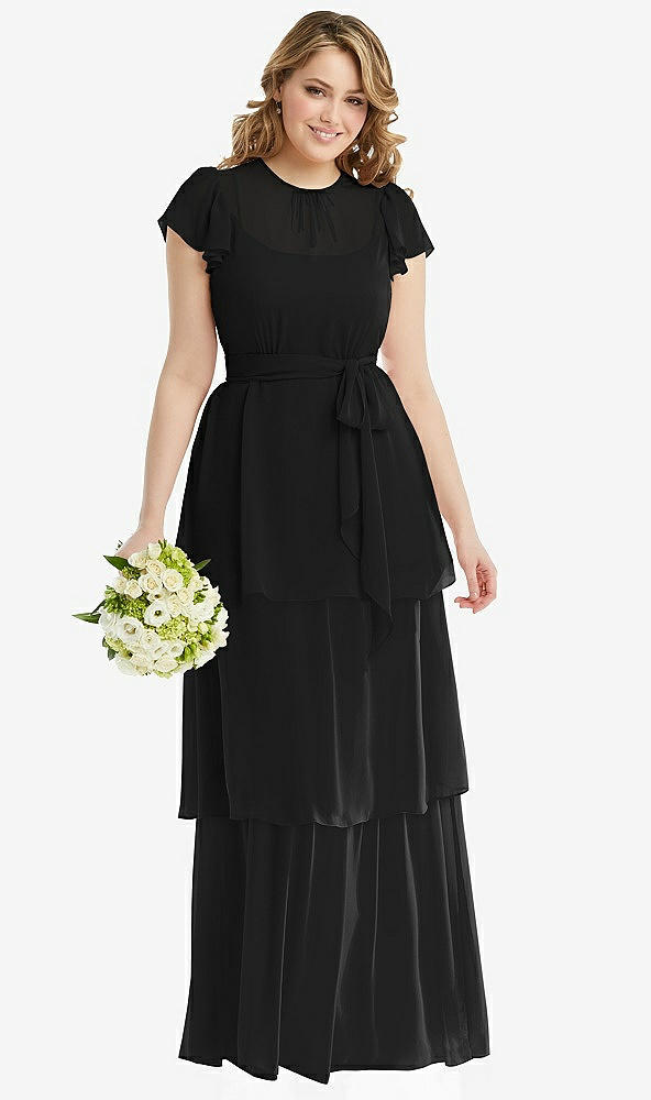 Front View - Black Flutter Sleeve Jewel Neck Chiffon Maxi Dress with Tiered Ruffle Skirt