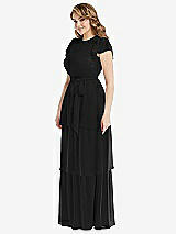 Side View Thumbnail - Black Flutter Sleeve Jewel Neck Chiffon Maxi Dress with Tiered Ruffle Skirt