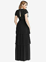 Rear View Thumbnail - Black Flutter Sleeve Jewel Neck Chiffon Maxi Dress with Tiered Ruffle Skirt