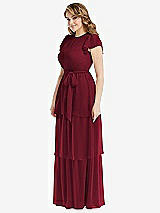 Side View Thumbnail - Burgundy Flutter Sleeve Jewel Neck Chiffon Maxi Dress with Tiered Ruffle Skirt
