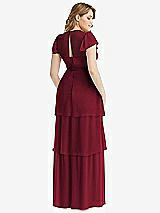 Rear View Thumbnail - Burgundy Flutter Sleeve Jewel Neck Chiffon Maxi Dress with Tiered Ruffle Skirt
