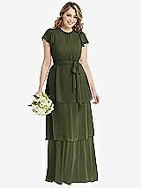Front View Thumbnail - Olive Green Flutter Sleeve Jewel Neck Chiffon Maxi Dress with Tiered Ruffle Skirt