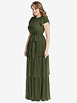Side View Thumbnail - Olive Green Flutter Sleeve Jewel Neck Chiffon Maxi Dress with Tiered Ruffle Skirt