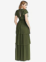 Rear View Thumbnail - Olive Green Flutter Sleeve Jewel Neck Chiffon Maxi Dress with Tiered Ruffle Skirt