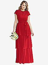 Front View Thumbnail - Parisian Red Flutter Sleeve Jewel Neck Chiffon Maxi Dress with Tiered Ruffle Skirt