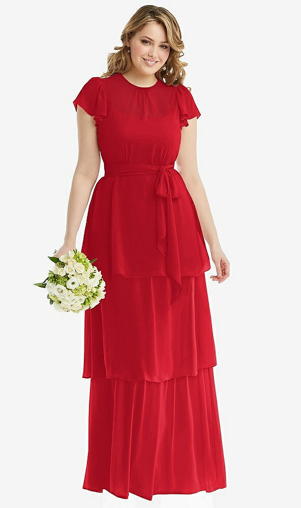 Front View - Parisian Red Flutter Sleeve Jewel Neck Chiffon Maxi Dress with Tiered Ruffle Skirt