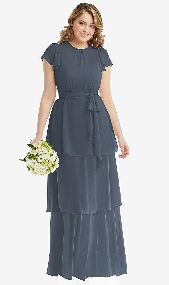 Front View - Silverstone Flutter Sleeve Jewel Neck Chiffon Maxi Dress with Tiered Ruffle Skirt
